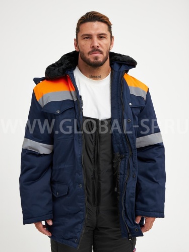 Куртка "Глобал-200-12" утепленная (темно-синий с оранжевым и СОП) тк. смесовая