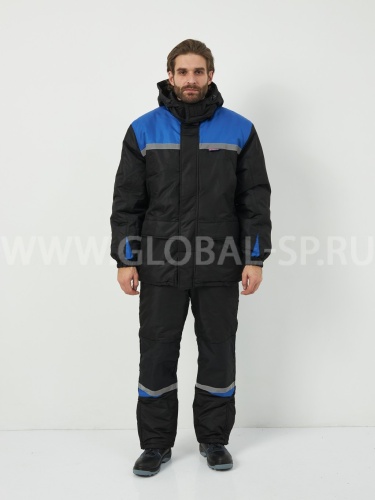 Костюм "Глобал-206-06":куртка с отстегивающим утеплителем, брюки (черный с васильковым), тк.100% п/э