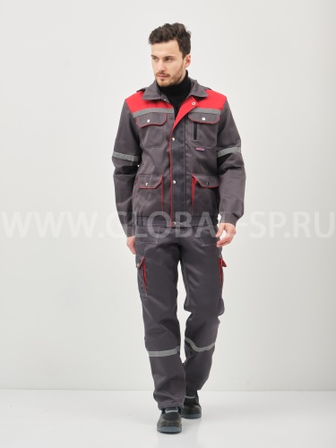 Костюм "Глобал-105-15": куртка, полукомбинезон (темно-серый с красным и СОП) тк. смесовая