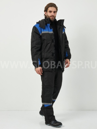 Костюм "Глобал-206-06":куртка с отстегивающим утеплителем, брюки (черный с васильковым), тк.100% п/э фото 3
