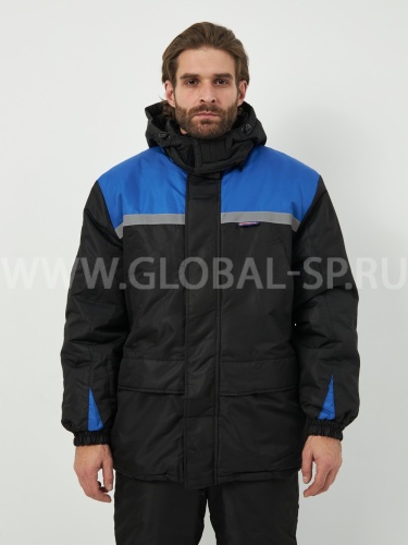 Костюм "Глобал-206-06":куртка с отстегивающим утеплителем, брюки (черный с васильковым), тк.100% п/э фото 5